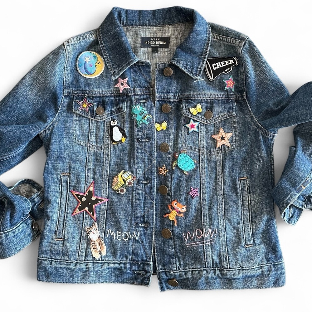 J.Crew Denim Jacket Custom Patch Upcycled Daisy Floral Boho OOAK Sz S - Picture 2 of 9